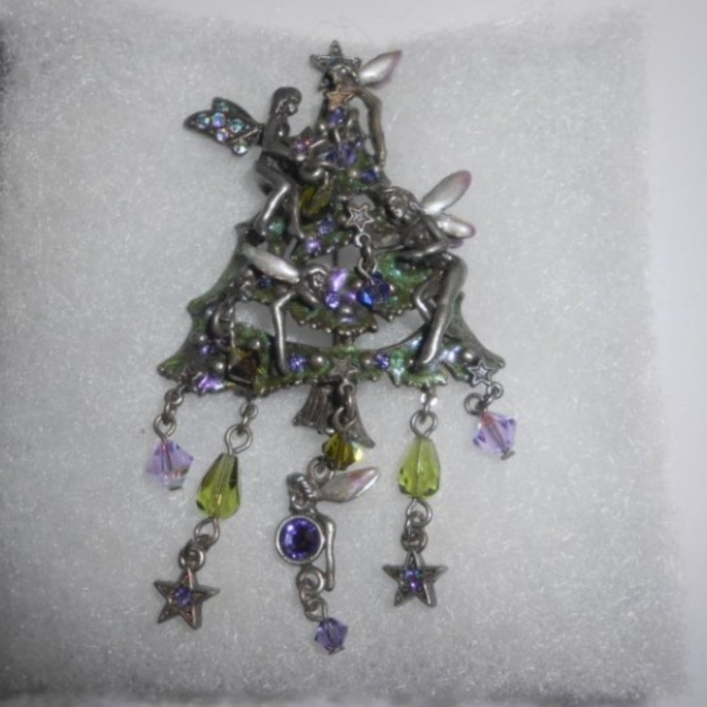 Broche Vintage Kirks Folly France - Chérubins Fées étoiles Strass Effet Aurore Boréale Plaqué Or